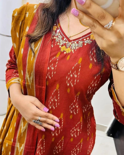 Maroon Mustard Ikkat Print Kurta Set with Dupatta for Women