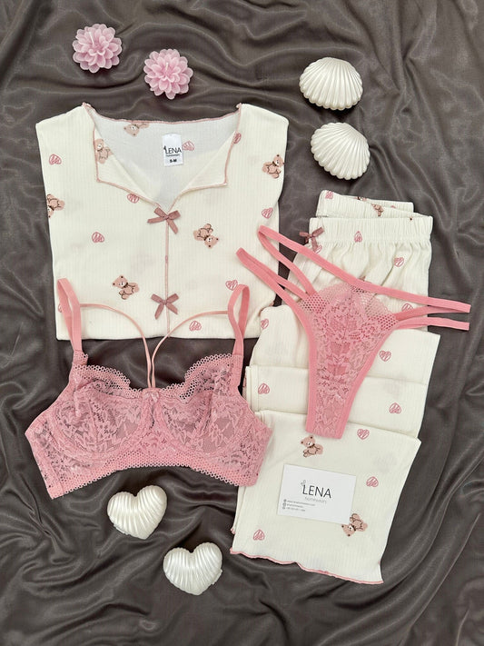 Off-white Teddy Bear Patterned Four-Piece Crop Pajama Set