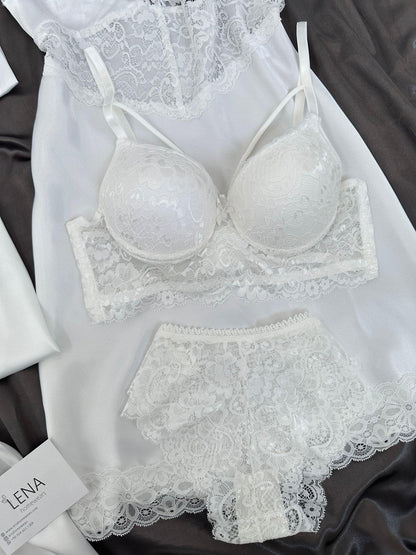White Love Night Suit & Bra Penty Set Combo for Women's