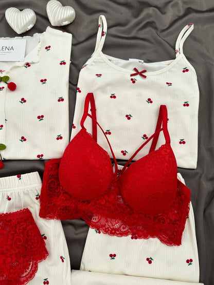 Tiny Cherry Patterned 6-Piece Oslo Pajama Set