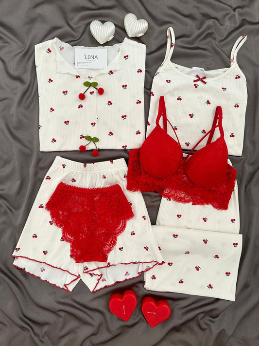 Tiny Cherry Patterned 6-Piece Oslo Pajama Set