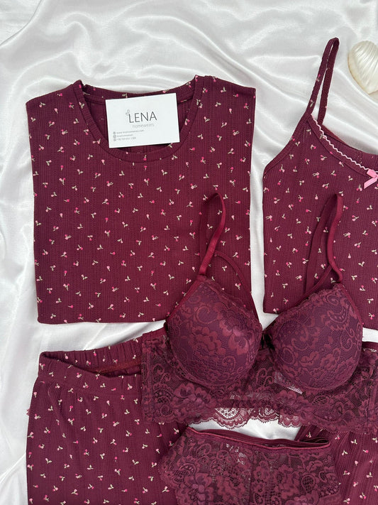 Plum Flower Cotton 6-Piece Transfer Pajama Set