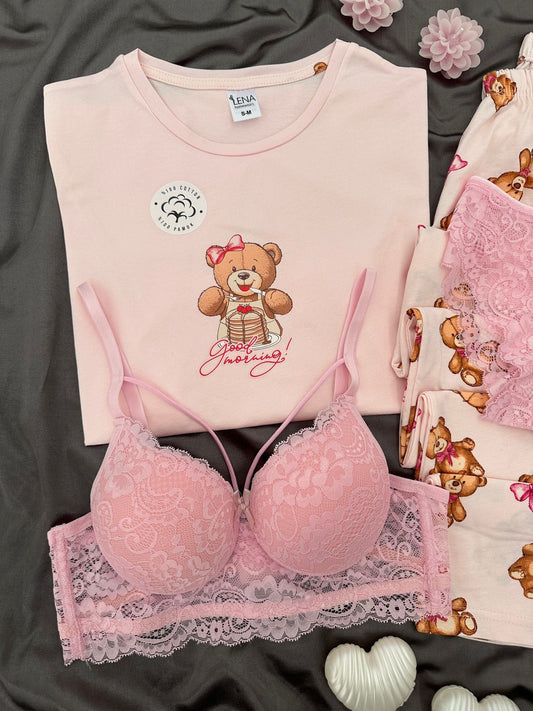 Fluffy Cotton Four-Piece Pajama & Lingerie Set