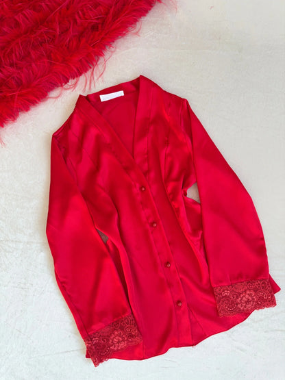 Red Lace 6-Piece Satin Bridal Lingerie Set | Women's Satin Nightgown & Robe Set