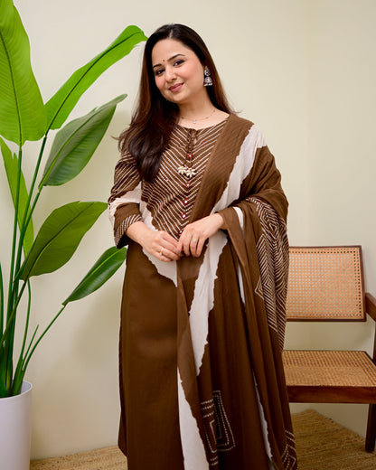 Mocha Bandhej Bloom Cotton Palazzo Suit