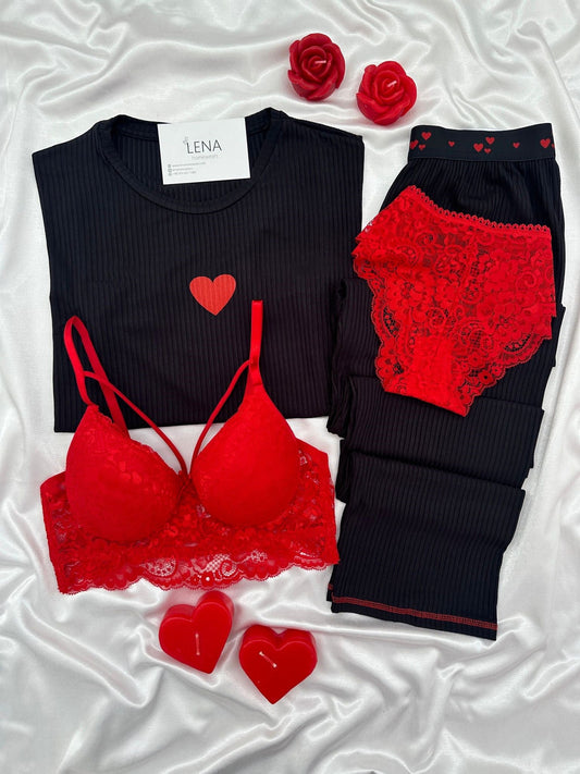 Black Miray Short-Sleeved Pajama Set Combo For Women
