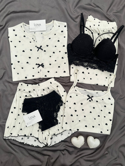 Black Heart Patterned 6-Piece Oslo Pajama Set