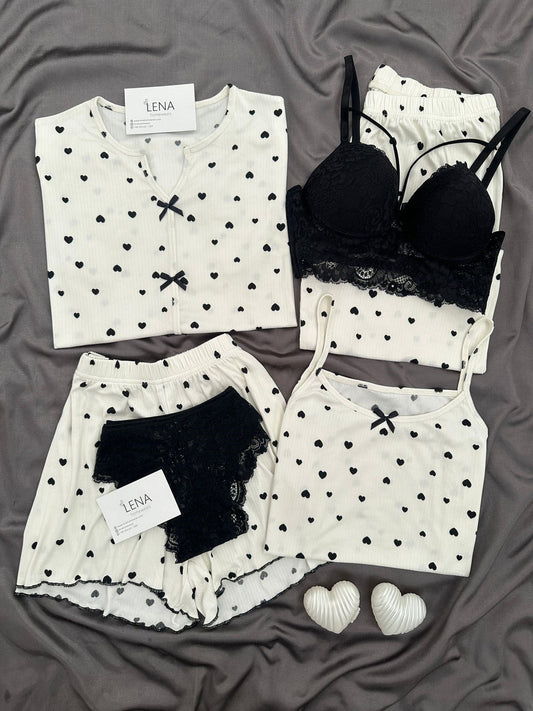Black Heart Patterned 6-Piece Oslo Pajama Set