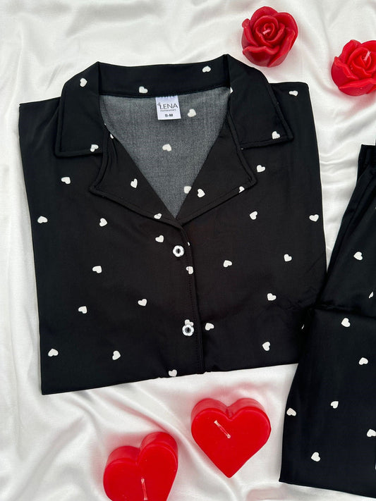Black Heart Patterned Four-Piece Short-Sleeved Pajama Set