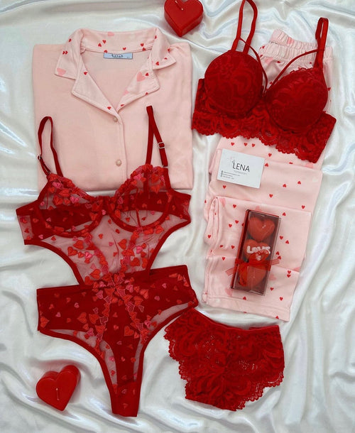 Red Love Night Suit & Bra Penty Set Combo for Women's