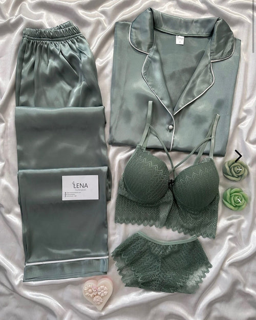 Green Love Night Suit & Bra Penty Set Combo for Women's