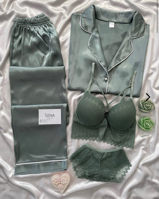 Green Love Night Suit & Bra Penty Set Combo for Women's