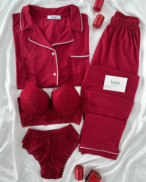Marun Love Night Suit & Bra Penty Set Combo for Women's