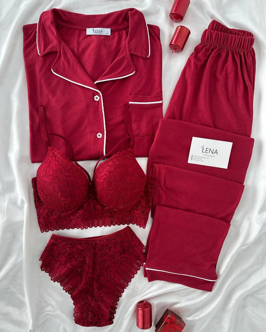 Marun Love Night Suit & Bra Penty Set Combo for Women's