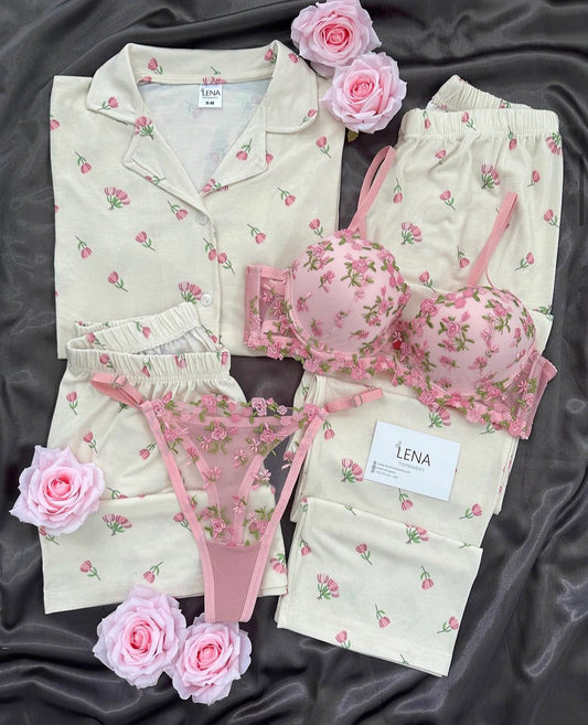 White Love Night Suit & Bra Penty Set Combo for Women's