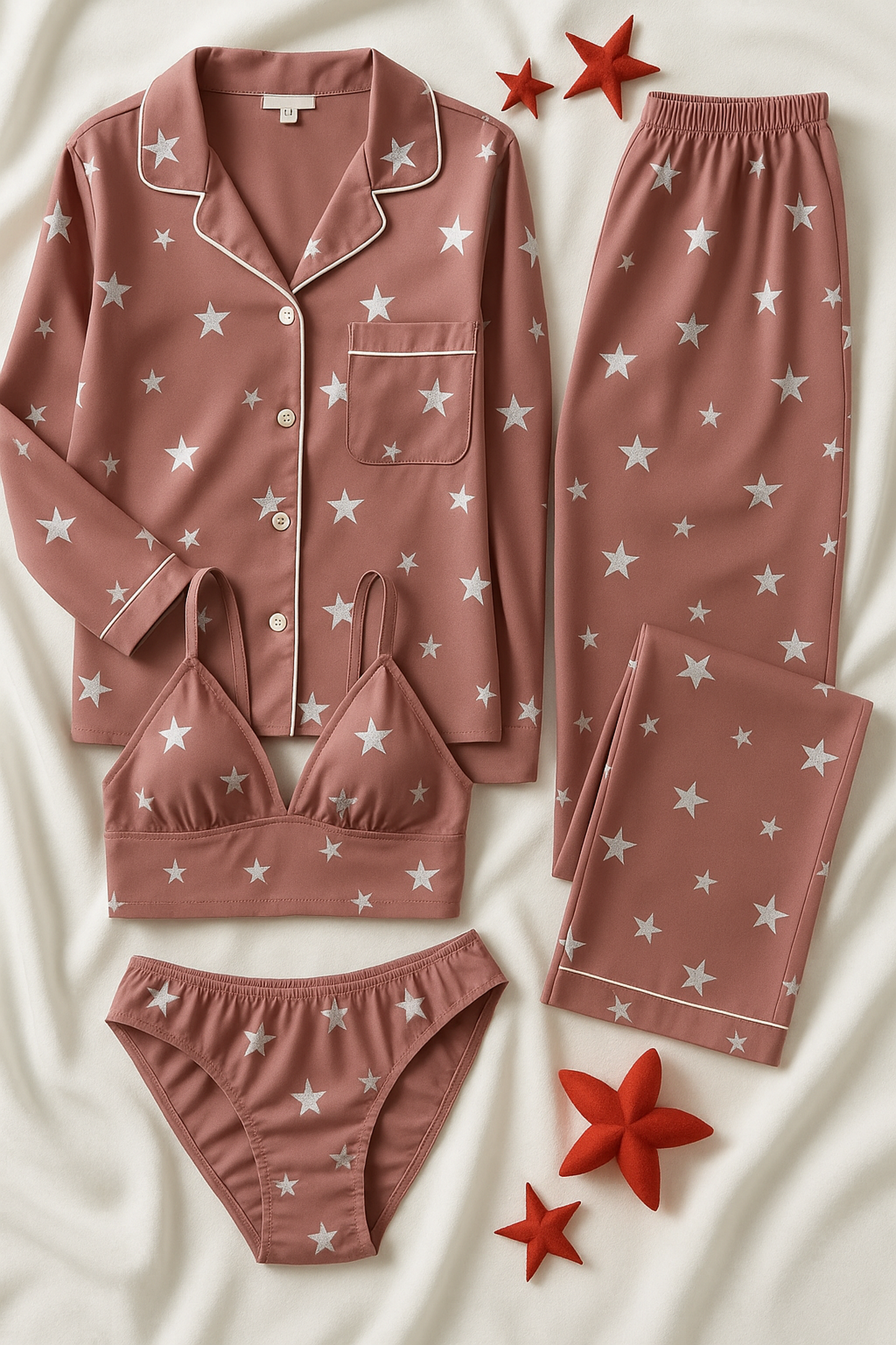 Light Maroon Love Night Suit & Bra Penty Set Combo for Women's